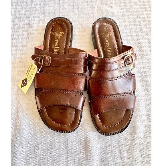 Drexlite Shoes - Drexlite Vintage Leather Slide Sandals Womens 6 Brown Boho Buckle 173290